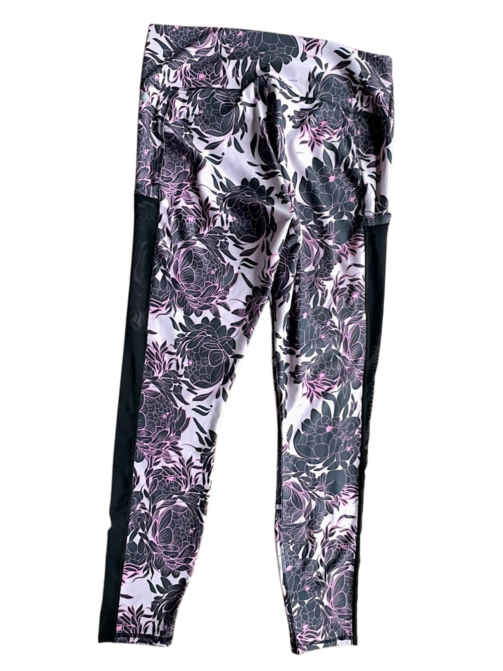GURU ACTIVE NWOT FLORAL LEGGING PINK & BLACK SIDE & INTERIOR POCKETS | LARGE - Picture 7 of 11